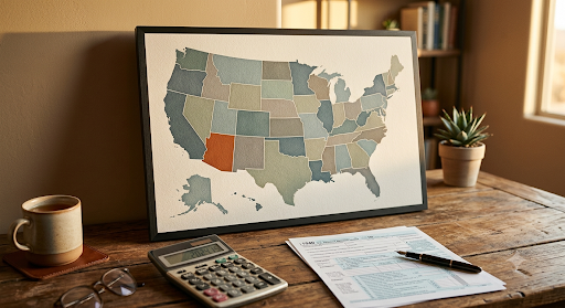 A US map highlighting Arizona next to a tax document, illustrating Arizona's low flat-rate conformity to federal HSA tax treatment