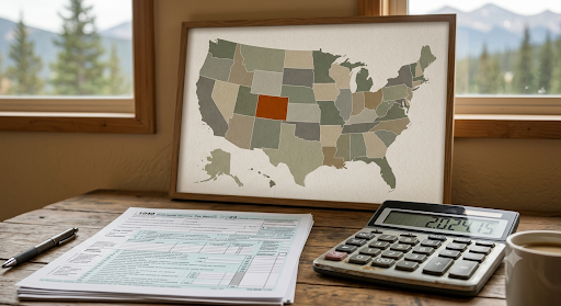 A US map highlighting Colorado next to a tax document, illustrating Colorado's flat-rate conformity to federal HSA tax treatment