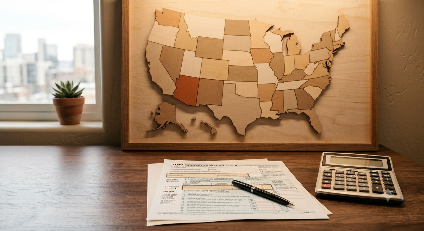 A US map highlighting Maryland next to a layered tax calculation, illustrating the county piggyback tax calculated on top of the state tax