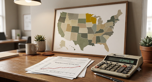 A US map highlighting Minnesota next to a rising rate chart, illustrating Minnesota's 2023 top tax rate increase