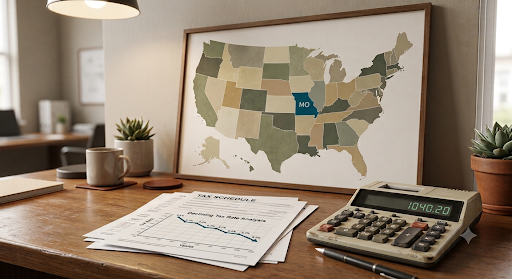 A US map highlighting Missouri next to a declining rate chart, illustrating Missouri's revenue-triggered rate reductions