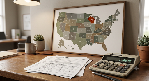 A US map highlighting Wisconsin next to a tax bracket document, illustrating Wisconsin's graduated-bracket conformity to federal HSA tax treatment