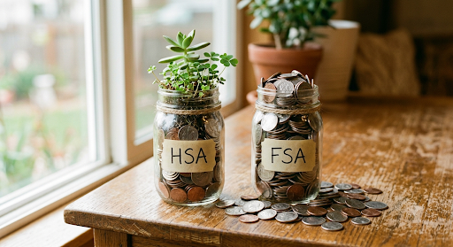 Two jars of coins illustrating HSA funds rolling over versus FSA funds expiring at year end