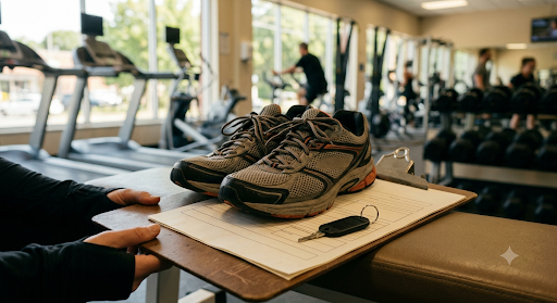Running shoes and a gym keytag resting on a blank medical form, illustrating the LMN requirement for gym memberships