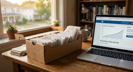 A shoebox of saved receipts next to a growing account balance, illustrating the HSA reimbursement strategy