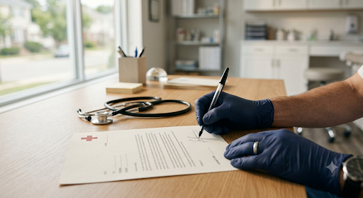A doctor signing a letter of medical necessity at a clinic desk